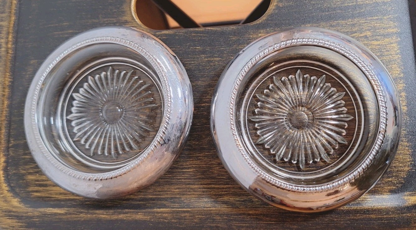 Vintage Glass and Metal Coasters Candle Holder Starburst Pattern Set Of 2
