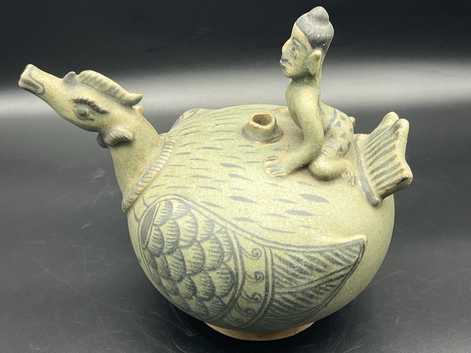 Celadon Ware Ceramic Ewer Figural Ceramic Pottery Rhyton South East Asia Decor