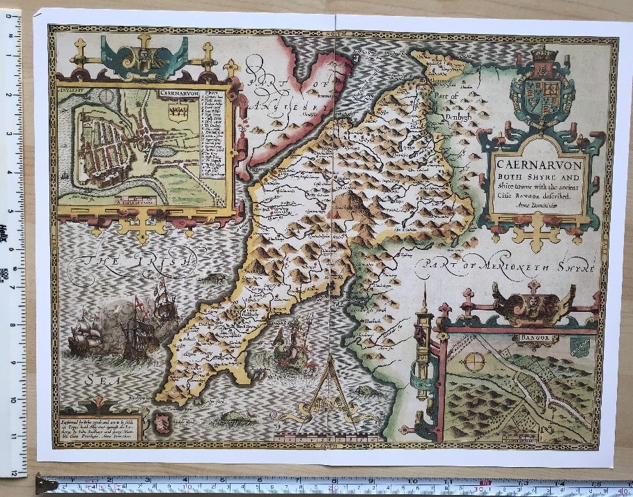 Old Antique Tudor map Caernarfonshire, Wales: John Speed 1600’s 15″ x 11 Reprint