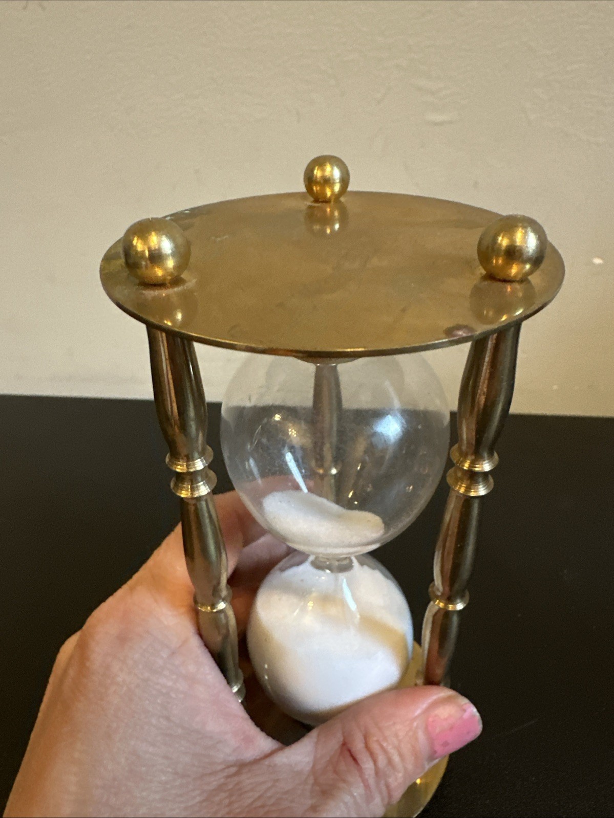 Vintage Gold Tone Brass Hourglass Timer Penco? Decorative Brass Glass White sand