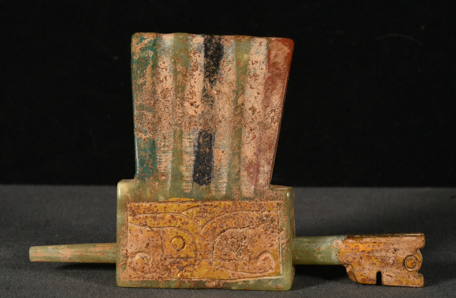 4.2”Old Chinese Green Jade Painted Carving Beast Face Dragon Hairpin Hair Crown