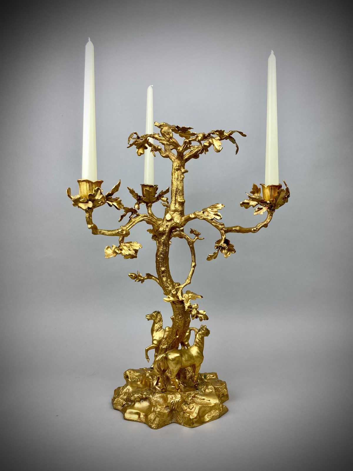FINE ANTIQUE CANDELABRA CENTREPIECE ARABIAN STALLION HORSE OAK TREE GILT BRONZE