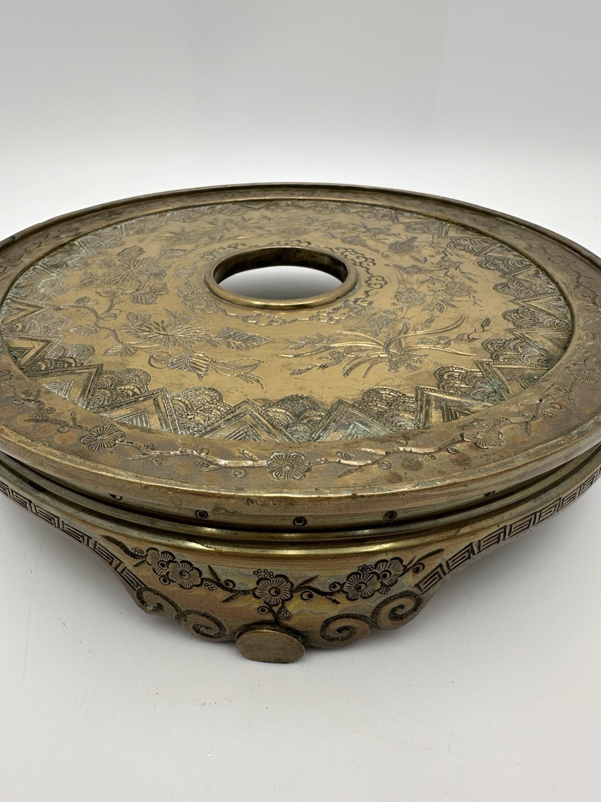 Qing Dynasty Bronze Bombe Censer Tripod Footed Stand Bird & Floral Design