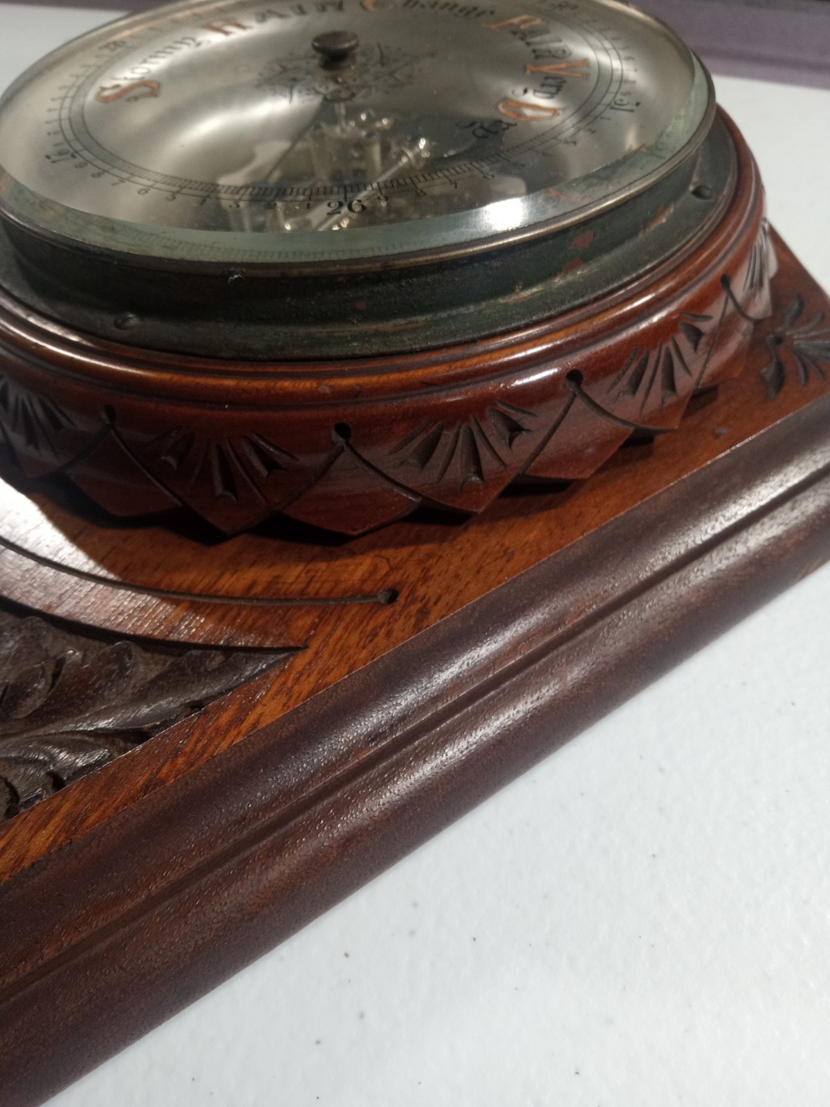 Rare Antique Scottish Barometer Motherwell Scotland Wiseman Carved Inlaid Wood