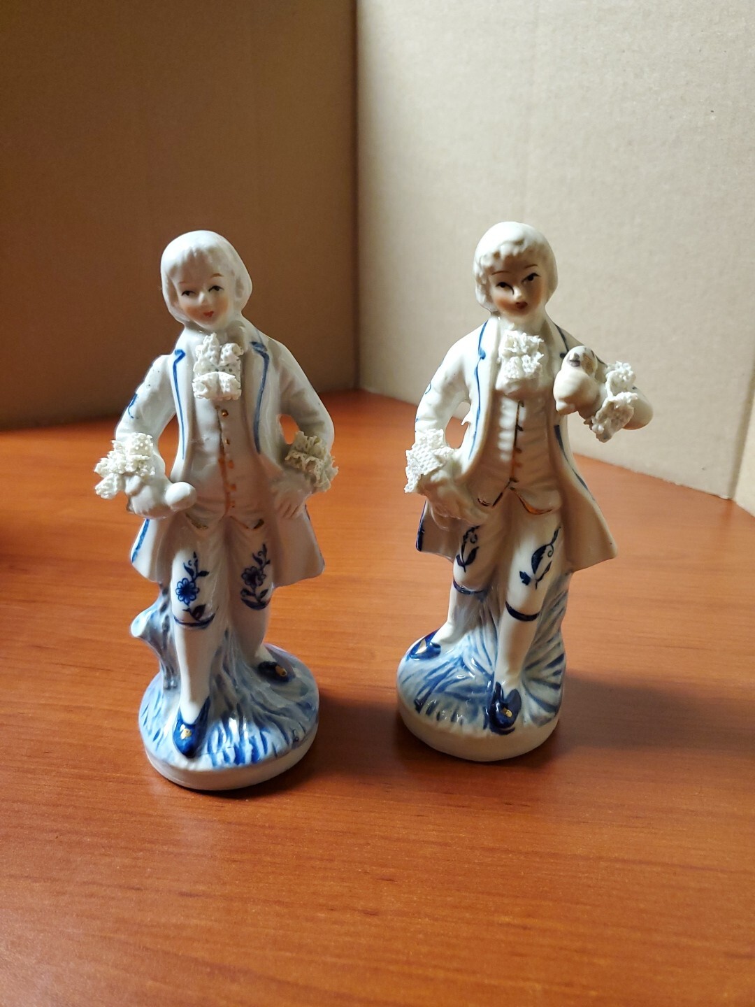 2 Czech Porcelain Male Figurines White with Blue Accents