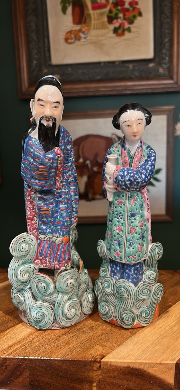 ANTIQUE PAIR CHINESE FAMILLE ROSE ENAMEL PORCELAIN FIGURES – REPUBLIC PERIOD