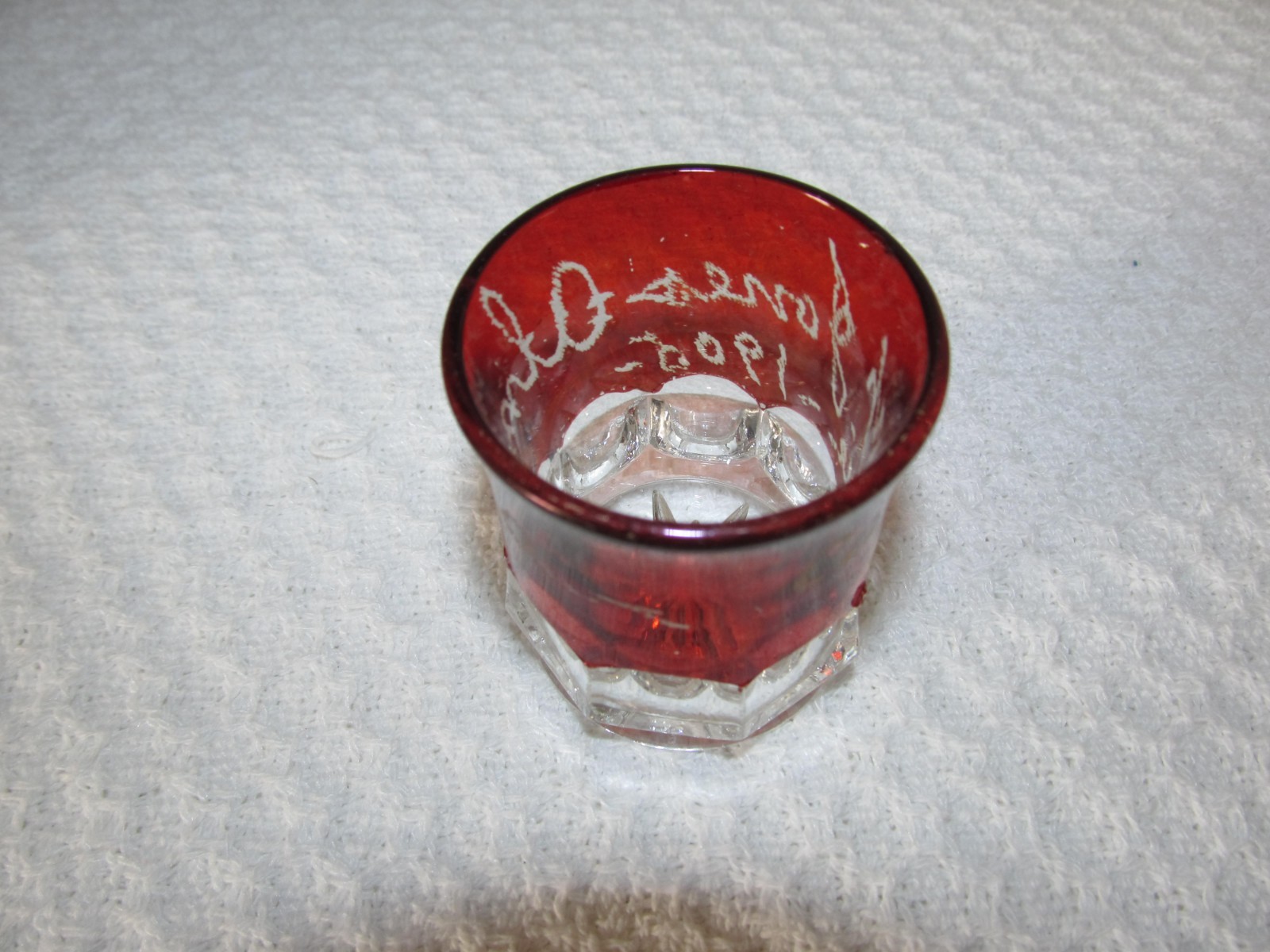 Antique Etched Jones Irma Ruby Flash Erie 1905 Souvenir Fair Red Shot Glass