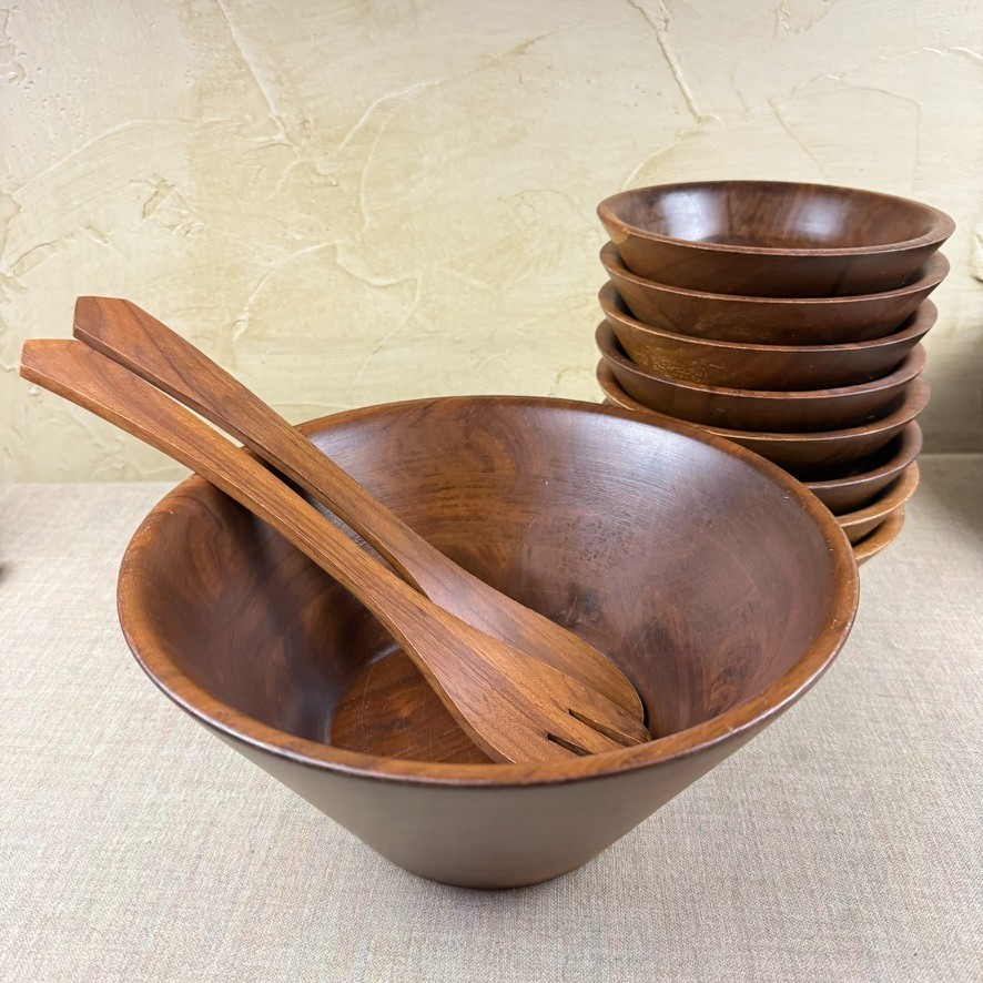 Vintage Scandinavian Walnut Salad Bowl Set 10 Pc Norway EJRK Mid Century
