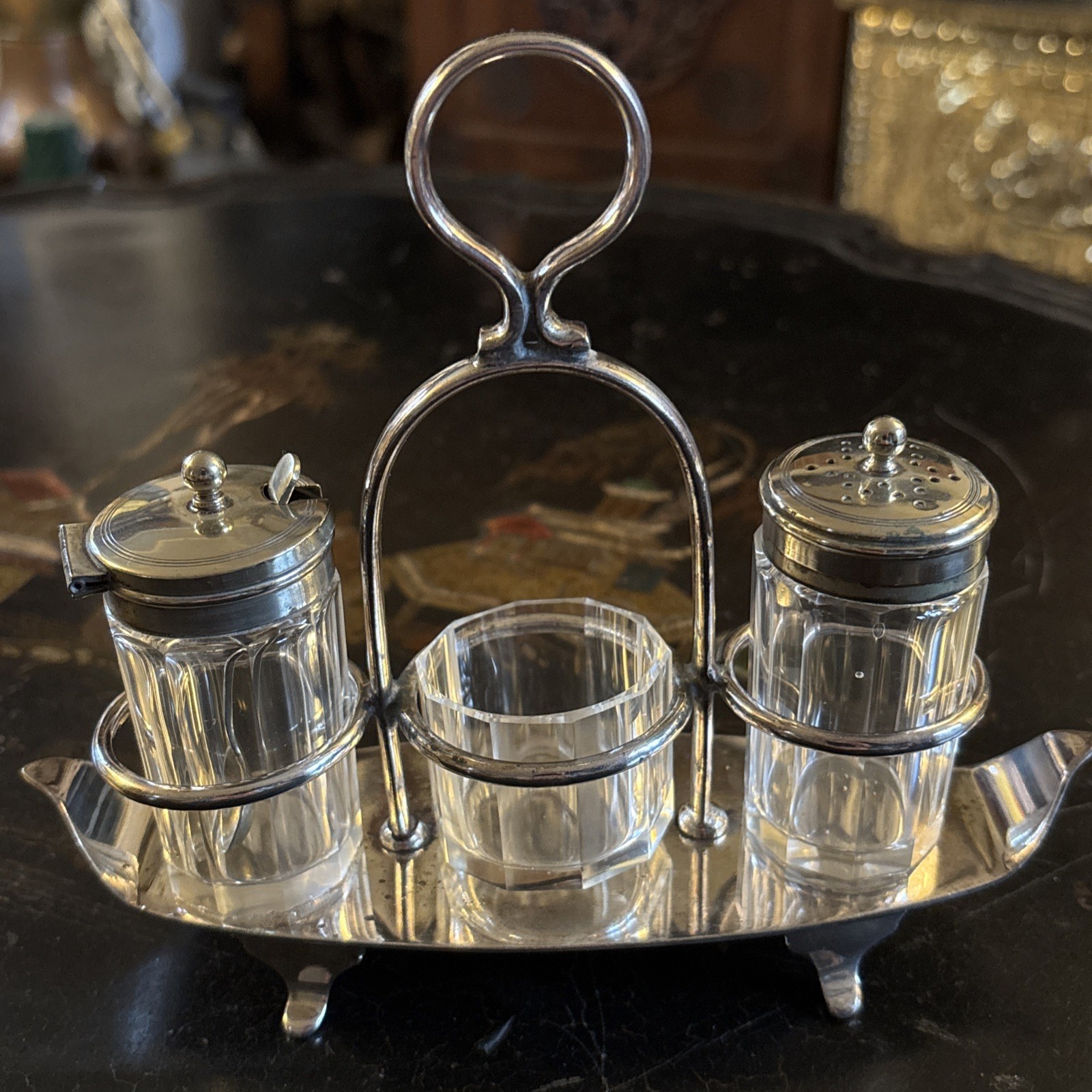 Antique Victorian Lee & Wigfull Silver Plate and Cut Glass Cruet Set