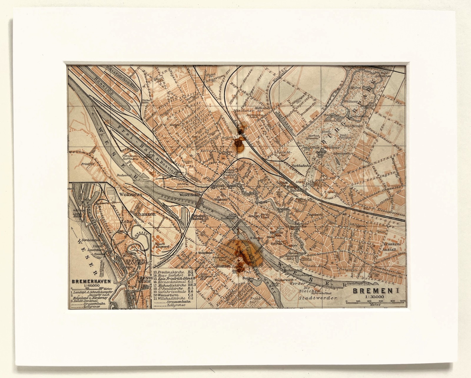 BREMEN Town City Plan GERMANY – c. 1910 Mounted Antique Map