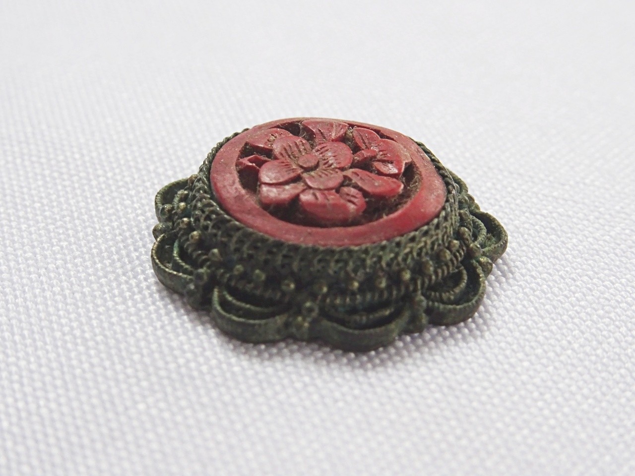Antique Cinnabar Medallion Plaque Chinese Carved Floral Brass Filigree ¾”