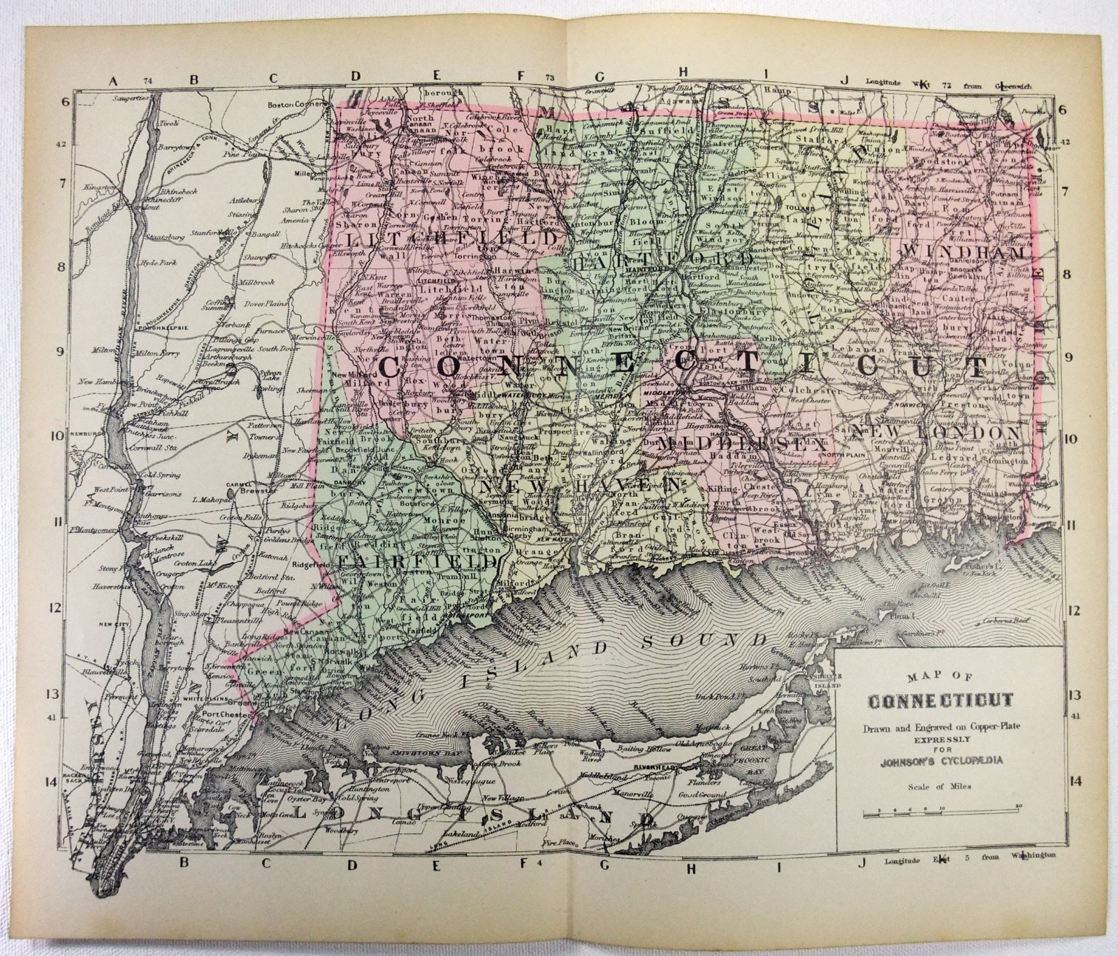 Connecticut – Original 1895 Copper-Plate Map by A. J. Johnson. Rare.. Antique