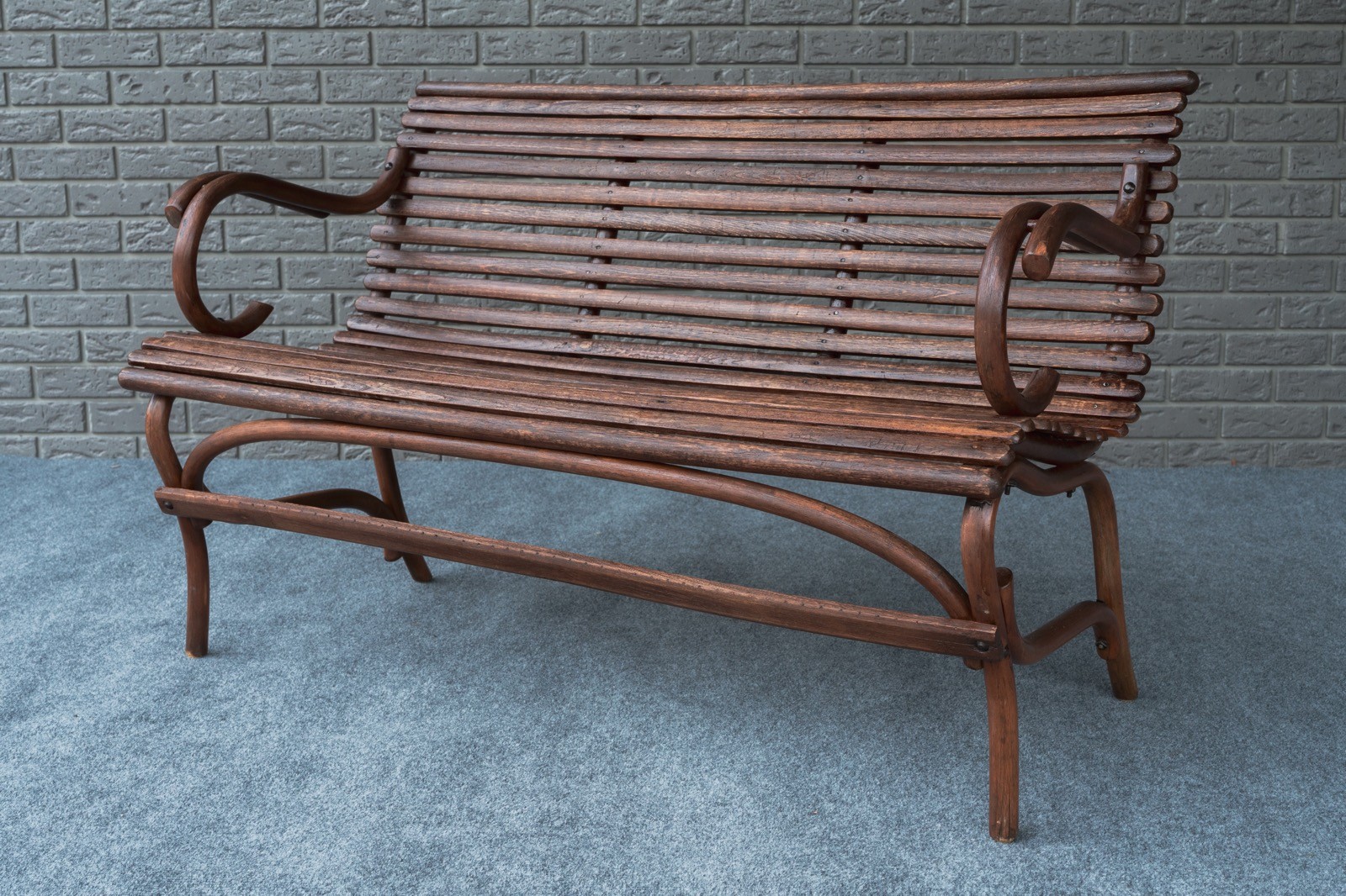 Vintage Thonet Style Slat Bentwood Settle Bench