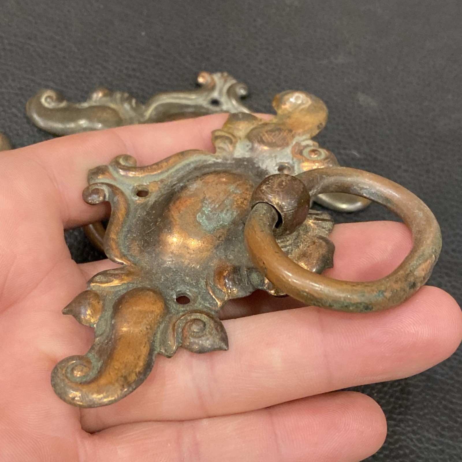 Lot 3 Antique Nouveau Scroll Copper Loop Handle Drop Bail Drawer Pulls Hammer On