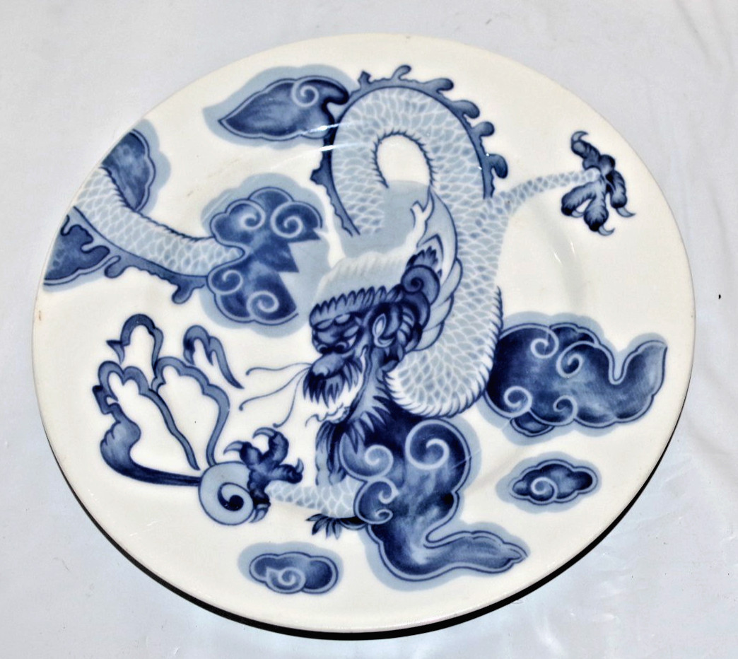 B3 CHINOISE NLI 1980 Chinese 7.5″ Blue & White Porcelain Dish Dragon PLATE