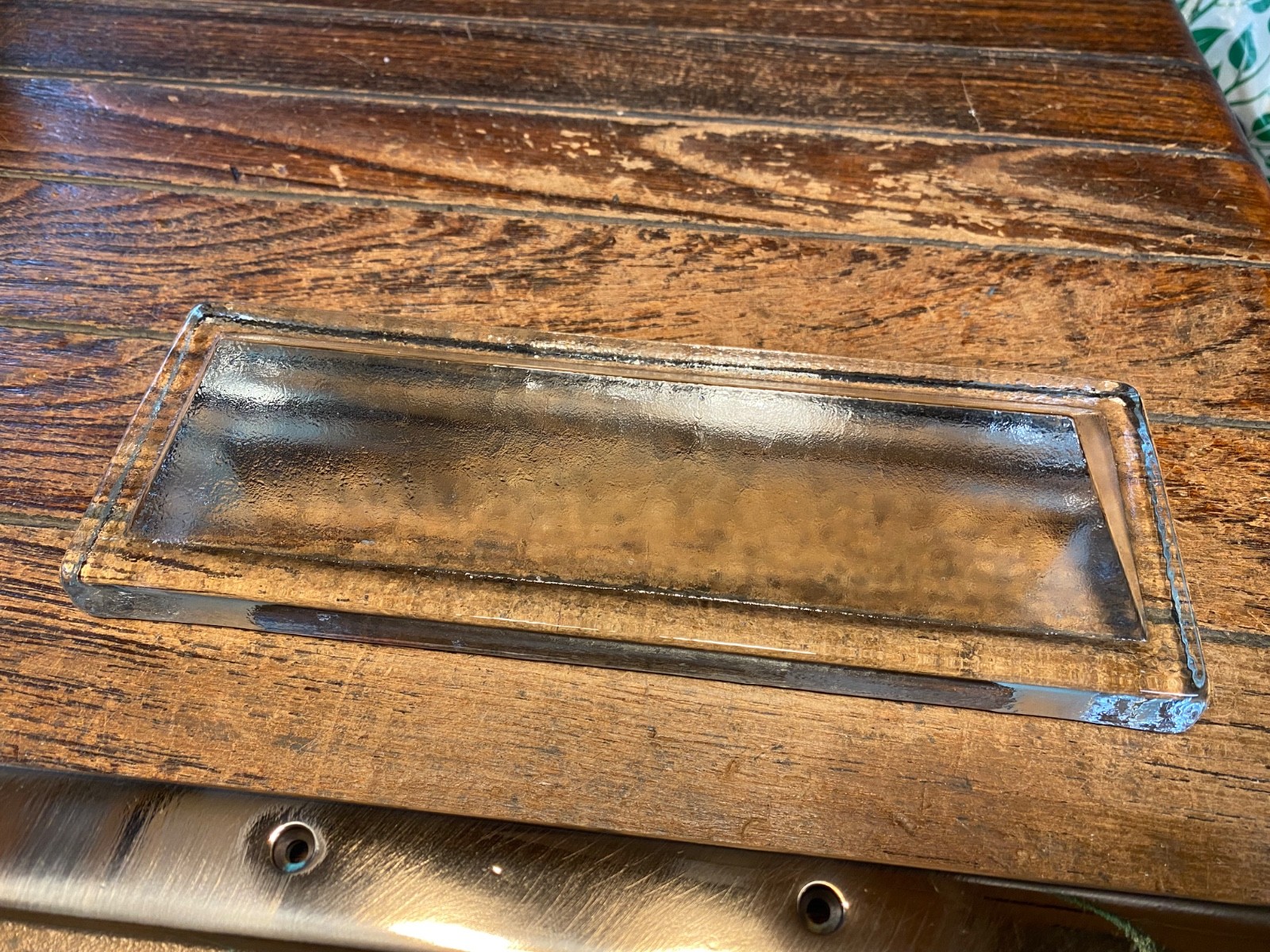 VINTAGE NOS CAST POLISHED BRONZE AND SOLID GLASS RECTANGULAR DECK PRISM 12 X 6