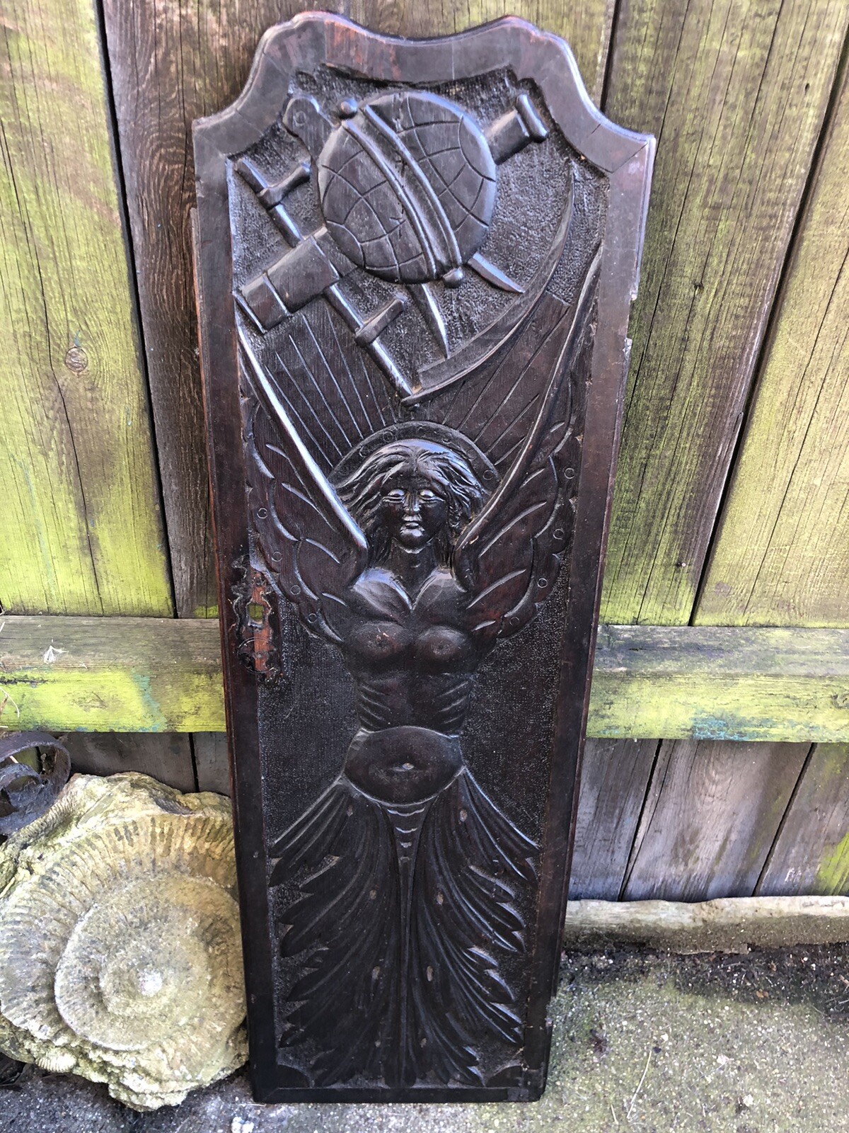 Carved wood panel antique winged woman mermaid door plaque furniture appliqué