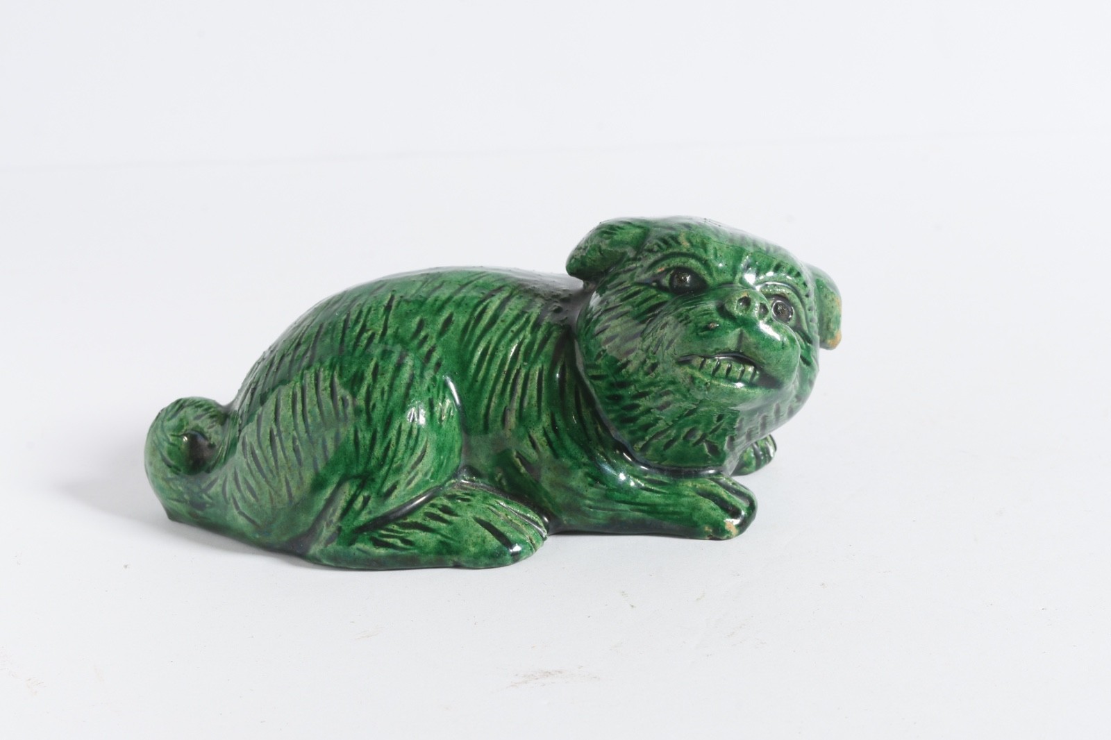 5″ Antique 1880-1920 Shishi Foo dog Chinese hollow ceramic Green glazed figurine