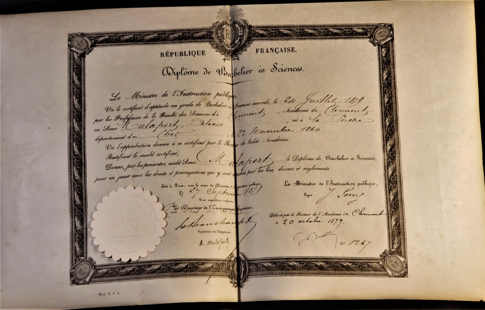 BACHELOR OF SCIENCES DIPLOMA ON PARCHMENT WITH SEAL SIGNED ON OCTOBER 20, 1879