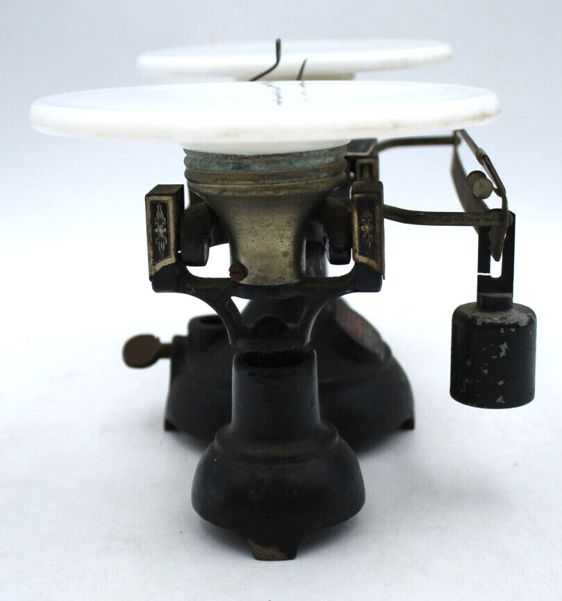 Vintage OHAUS Balance Scale Double Beam Porcelain/Milk Glass Pans Rare 2 Kilo