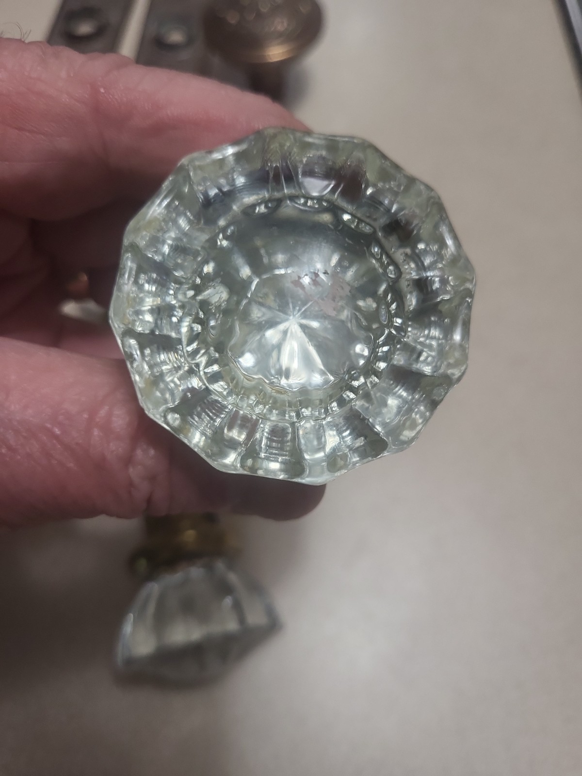Vintage Crystal 12 Point Door Knobs & Brass Plates 1 Lot