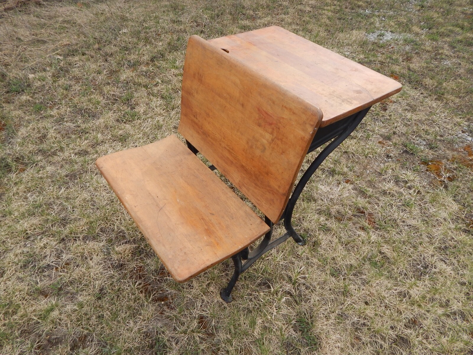 Antique Wooden Child School Desk Folding Seat Iron Base American Seating Chicago