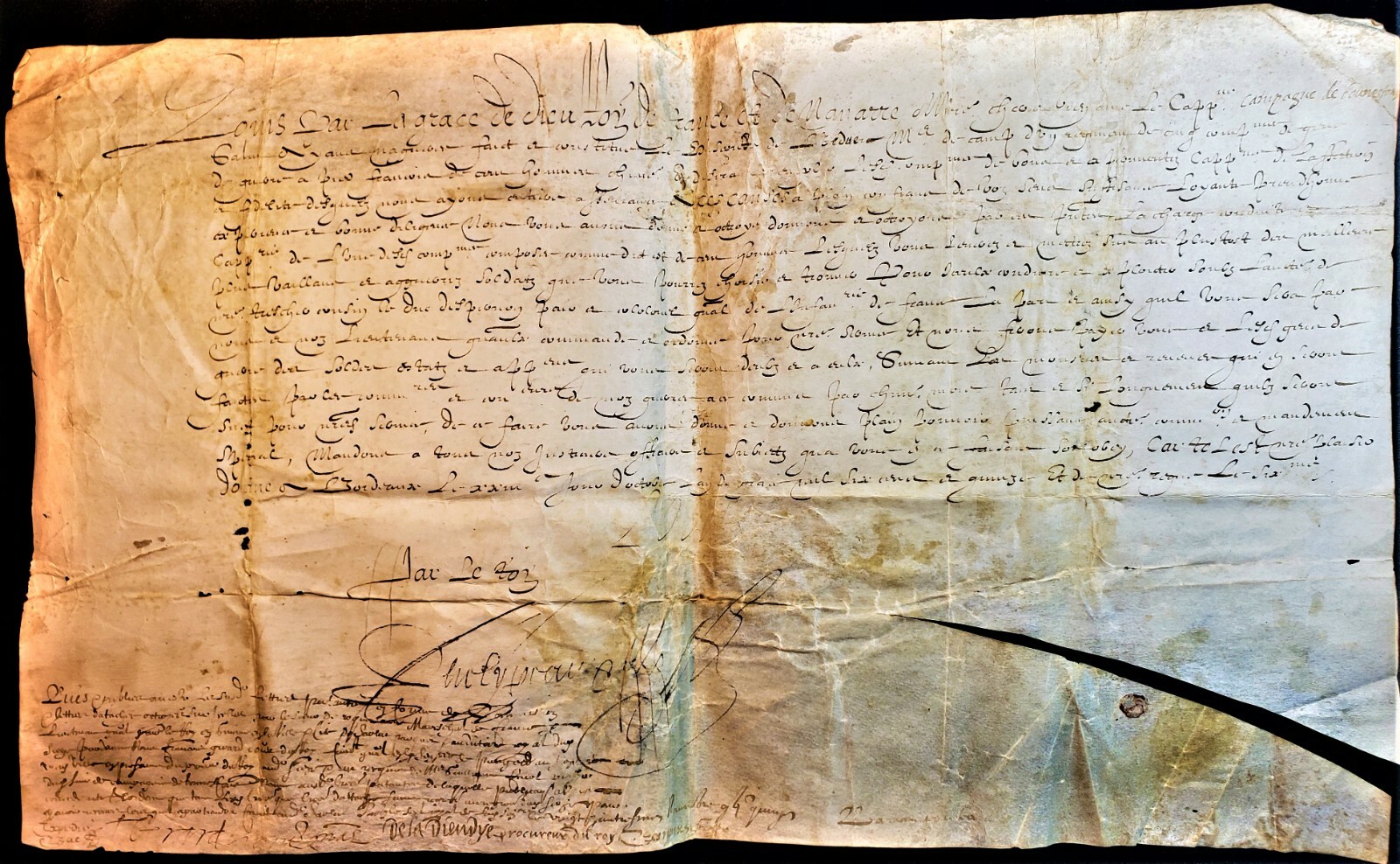 KING LOUIS XIII SIGNED CAPTAIN’S NOMINATION COMPANY OF 100 SOLDIERS ON FOOT 1615