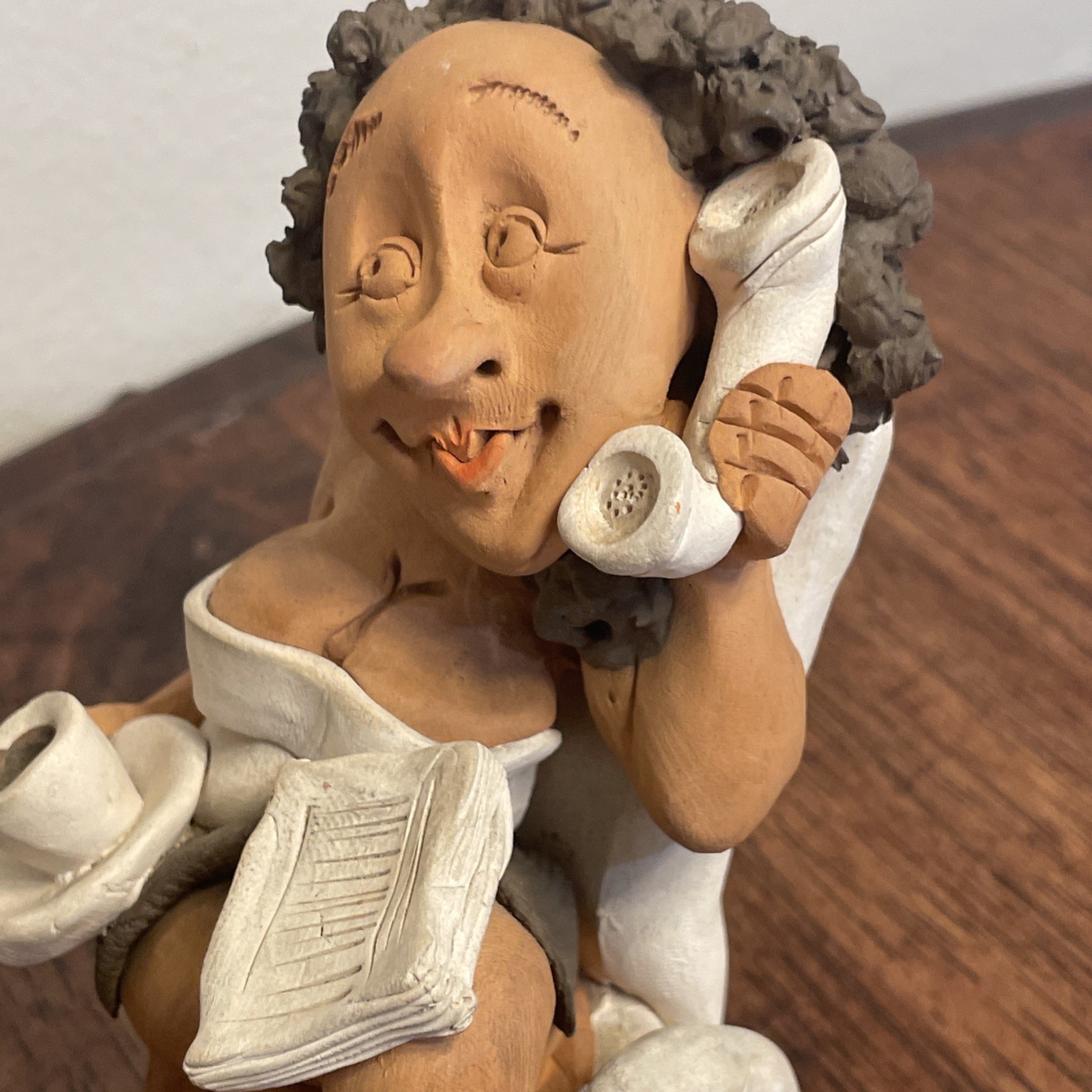 Denis Filtser Clay Figurine Woman Gossip Bench Phone Coffee Signed Pottery Art
