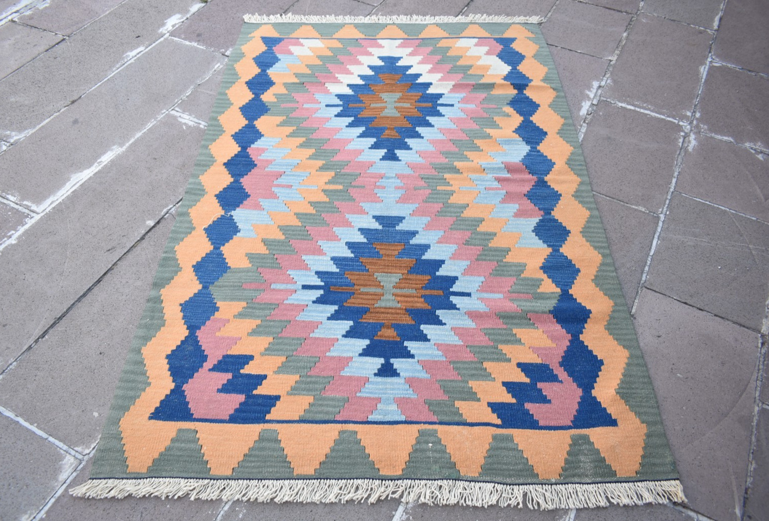 Vintage Turkish Rug 46” x 71” Flat Woven Oushak Rug Natural Colors Wool Rug