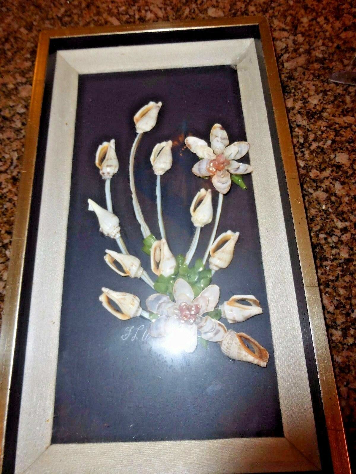 *Vintage Shell Art Shadow Box Seashell Picture Flowers Unique