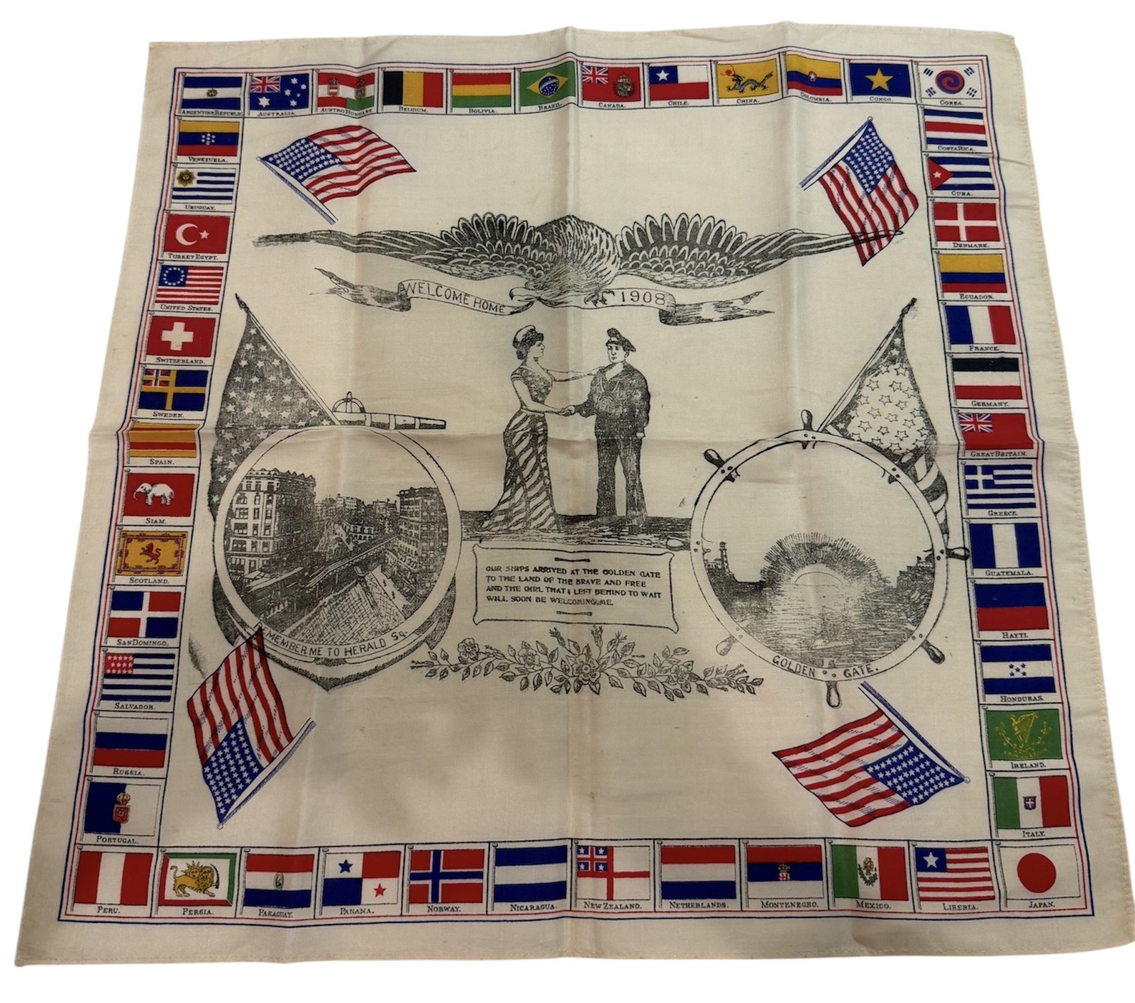 Rare Antique 1908 Silk Great White Fleet “Welcome Home” Souvenir Textile