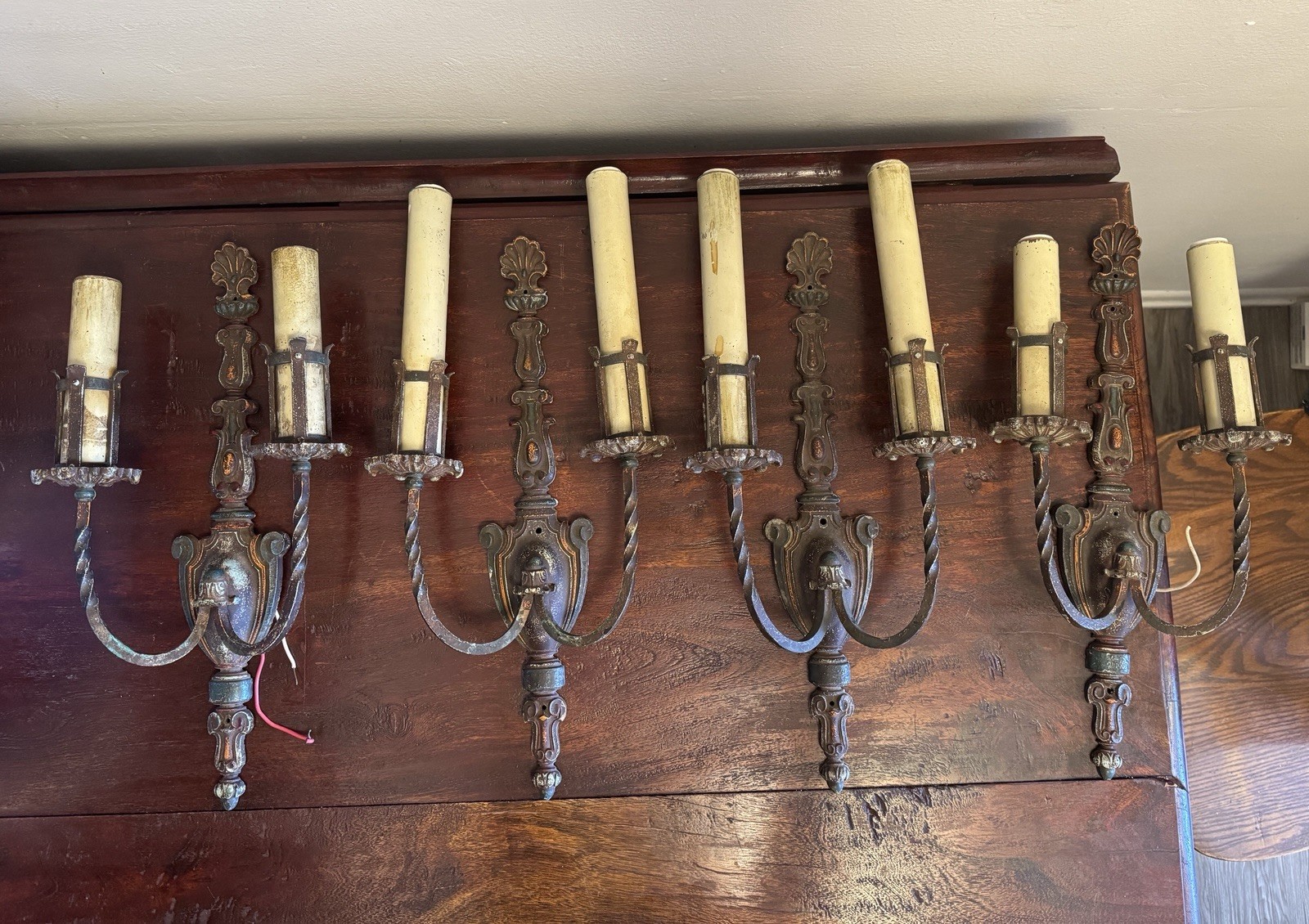 Antique 4 Polychrome Finish Art sconces Double Candle Fixtures / Cast Bronze