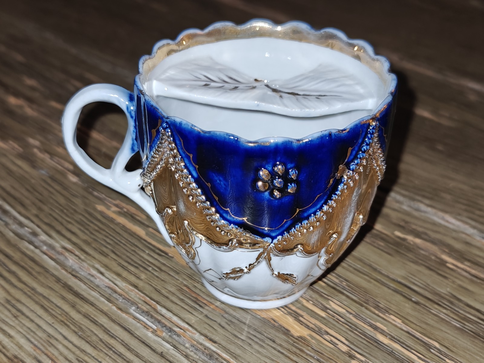 Vtg German Porcelain Embellished Mustache Cup Mug Cobalt Blue Gold Gilded Fancy
