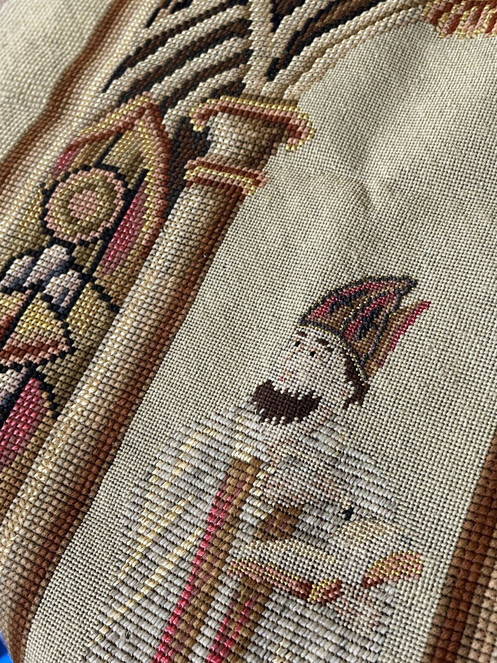 Antique 19thC Needlepoint Regal Textile Religious Picture Cathedral Figural