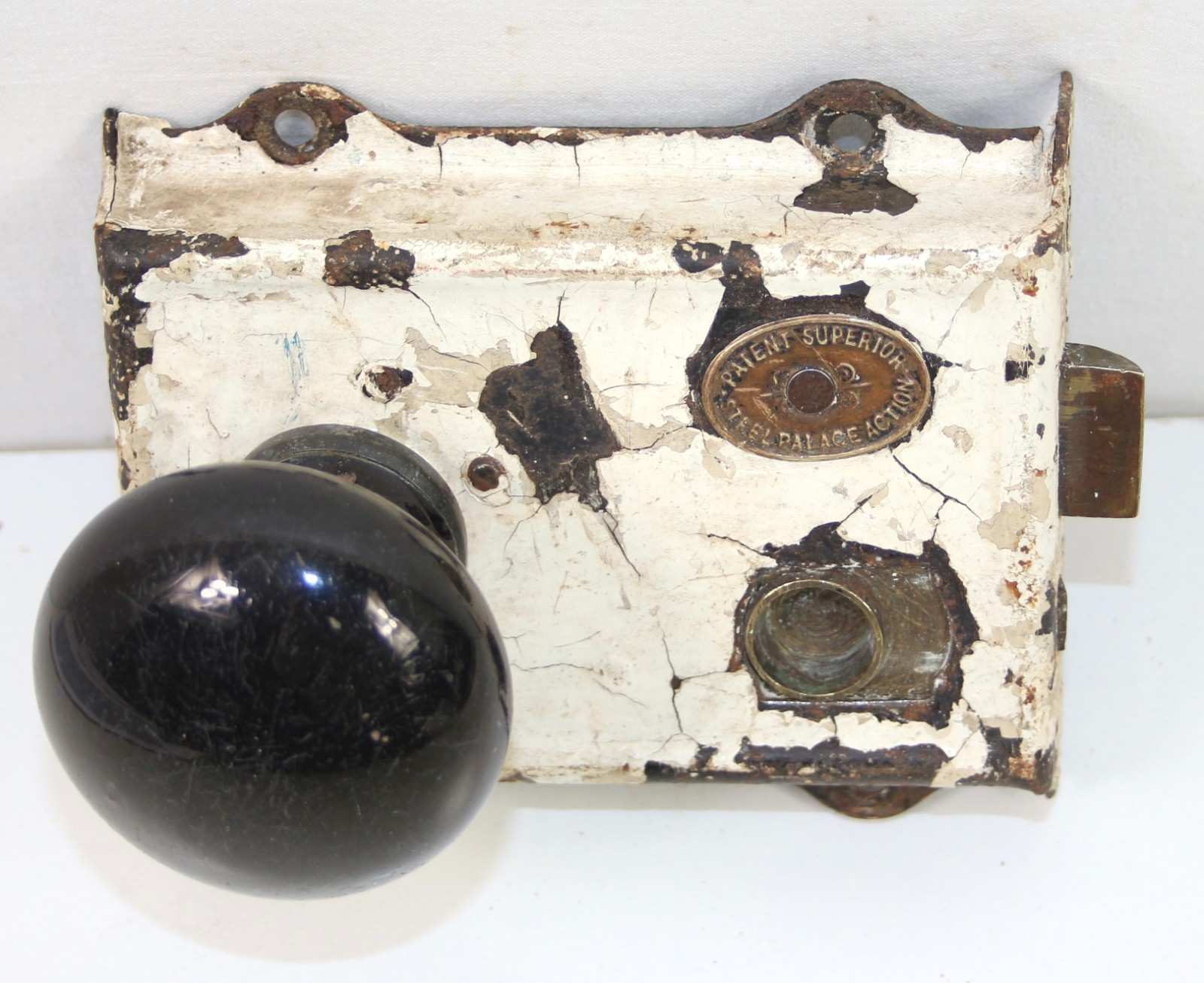 Victorian Rim Lock c1870–1900 Patent Superior Steel Palace Action – Ceramic Knob