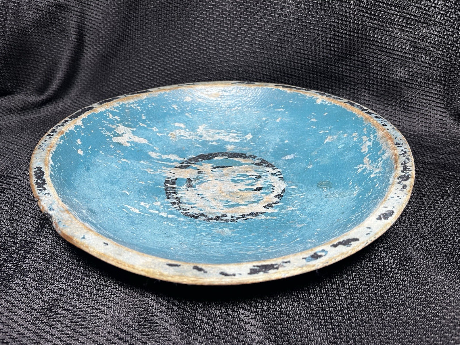 Antique 1800’s Robin Egg Blue and Black Painted Wood Lathed Dough Chopping Bowl