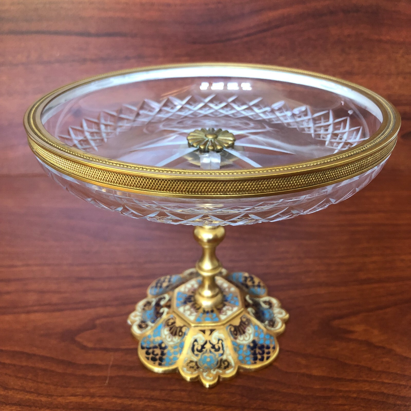 Antique French Pair Champleve Enamel , Gilded Bronze with Hand Cut Glass Compots