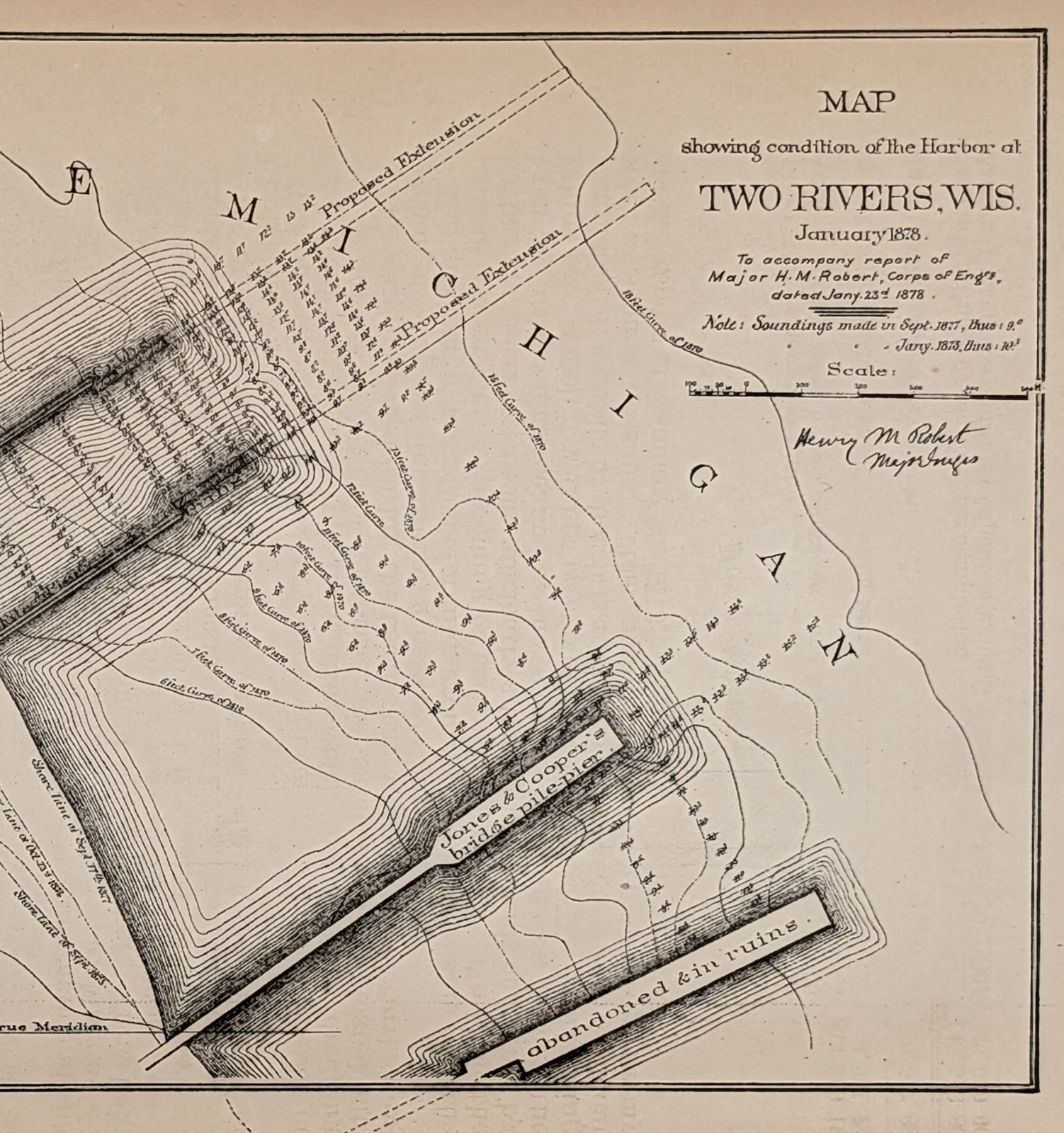 1878 Two Rivers Harbor Wisconsin Map ORIGINAL Lake Michigan – Corps Engineers