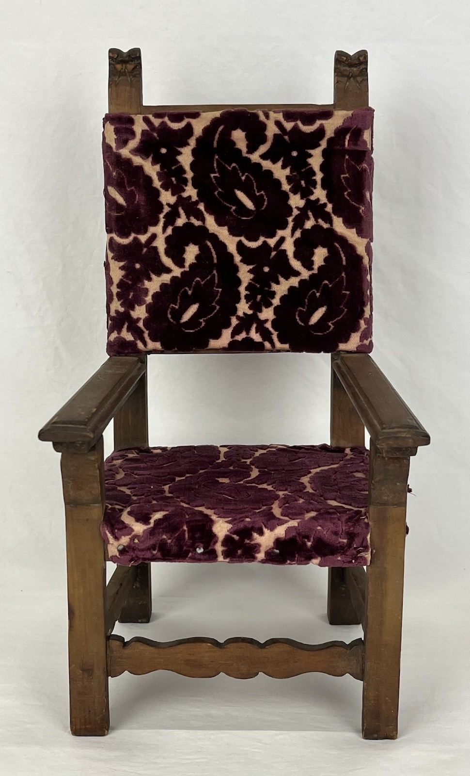 Antique Miniature Carved Wood & Purple Cut Velvet Salesman Sample Arm Chair