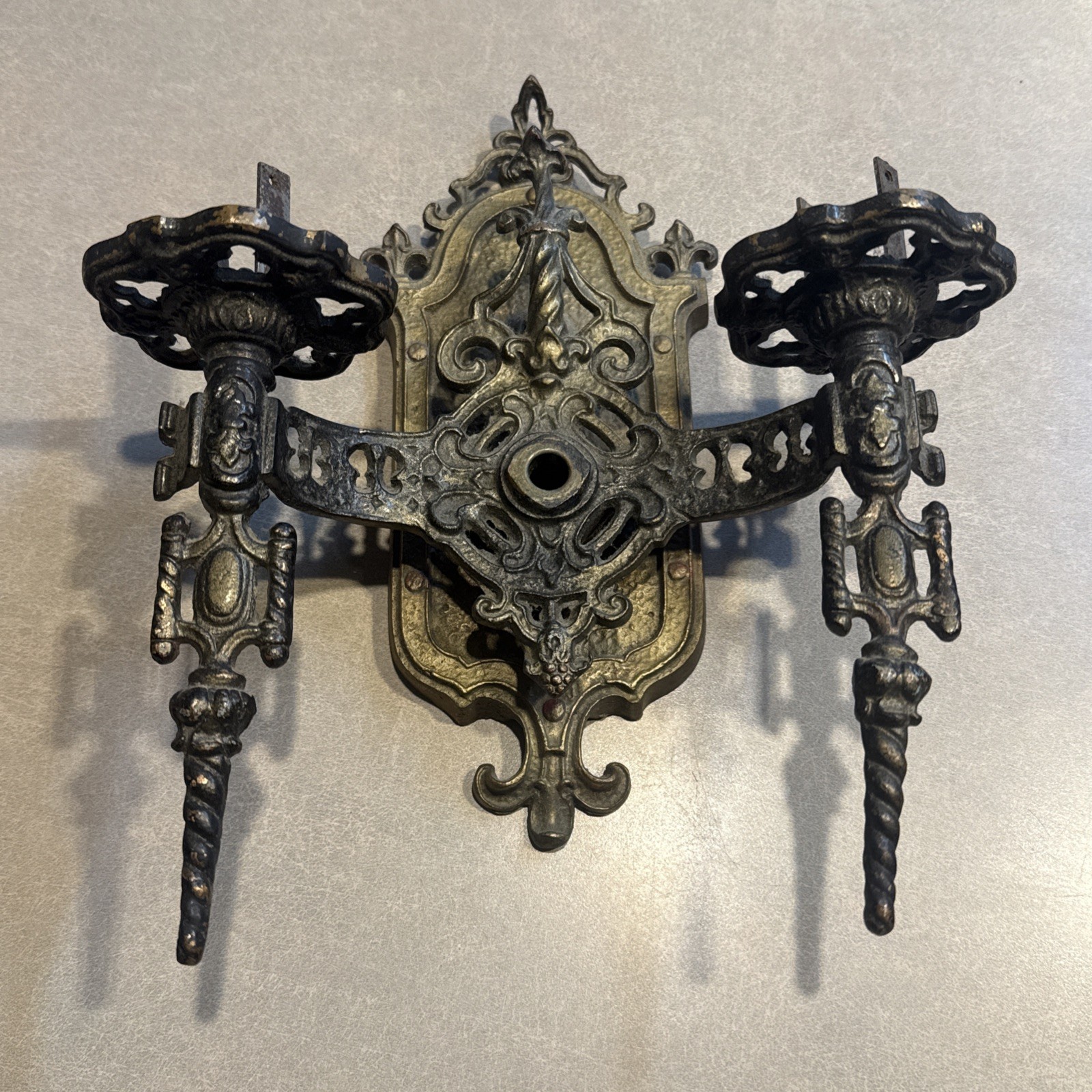 1920 Halcolite Metal Gothic Double Arm Wall Sconce Tudor Fleur De Lis Needs Work