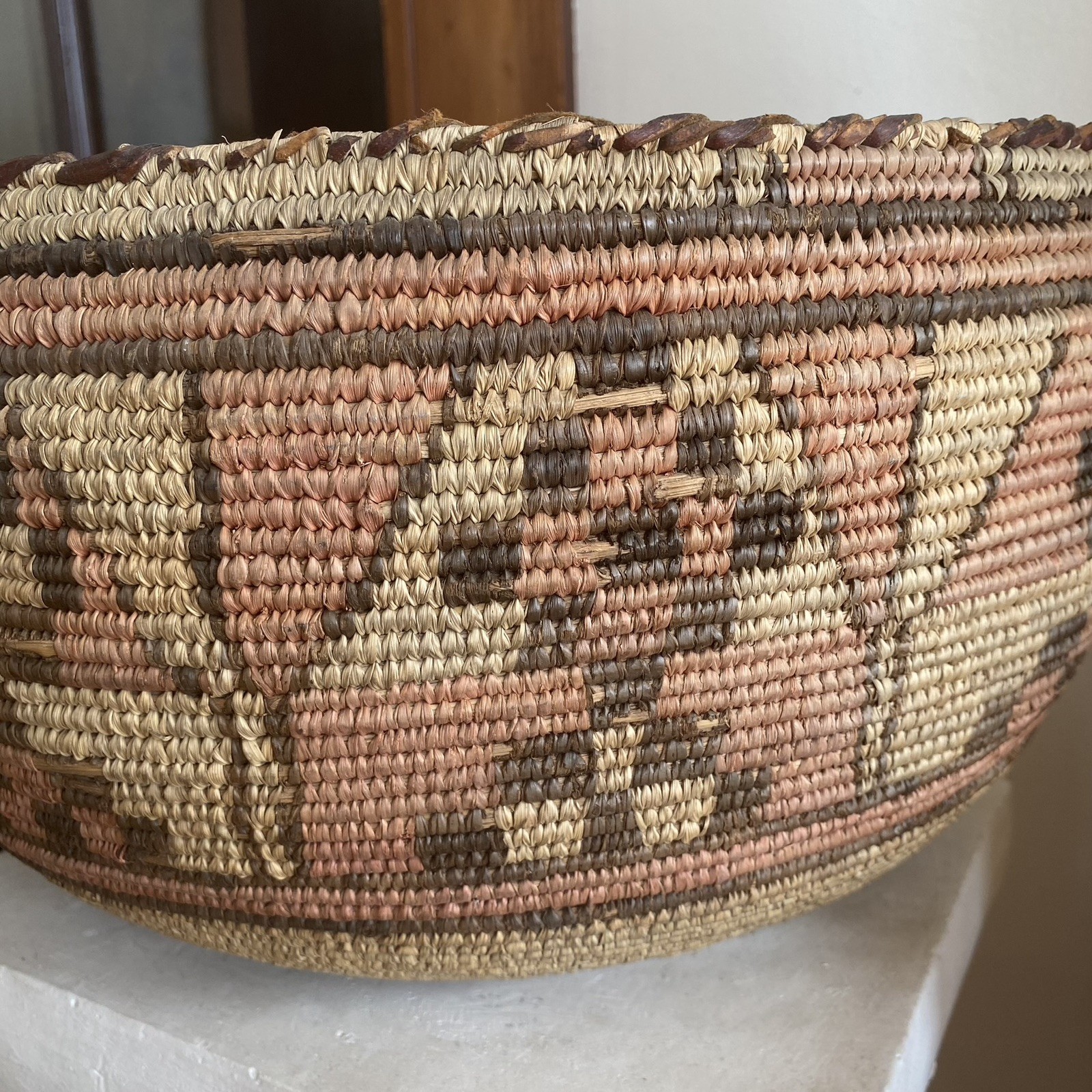 Antique Huasa Woven Grain Basket – African Tribal Weaving Leather Rim Early 20th