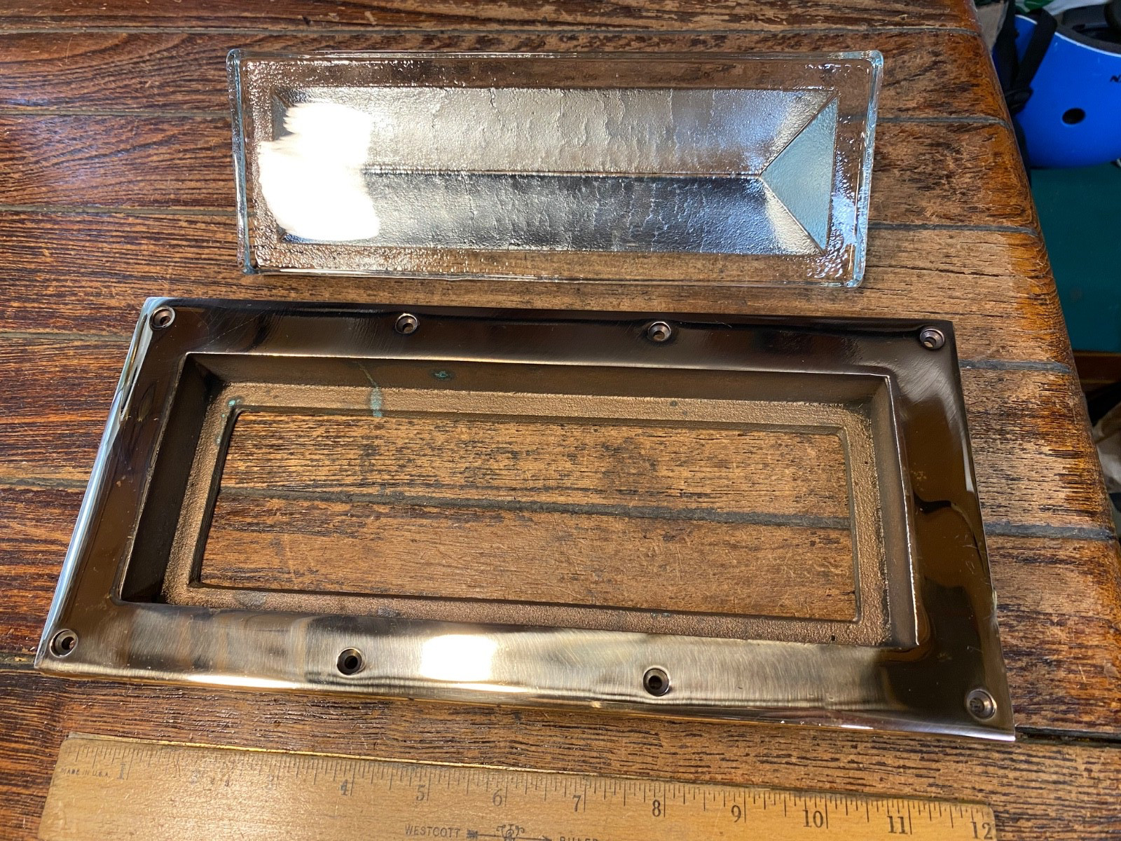 VINTAGE NOS CAST POLISHED BRONZE AND SOLID GLASS RECTANGULAR DECK PRISM 12 X 6