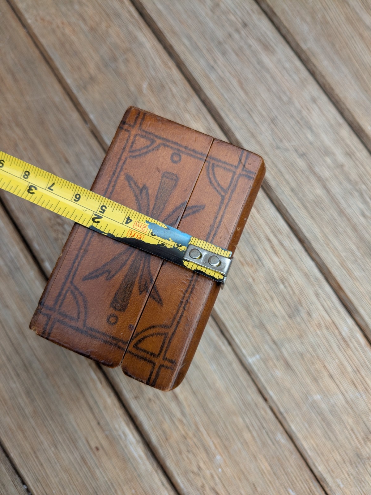 Diamond Shape Trinket Box Pokerwork Decoration, Scrimshaw Style