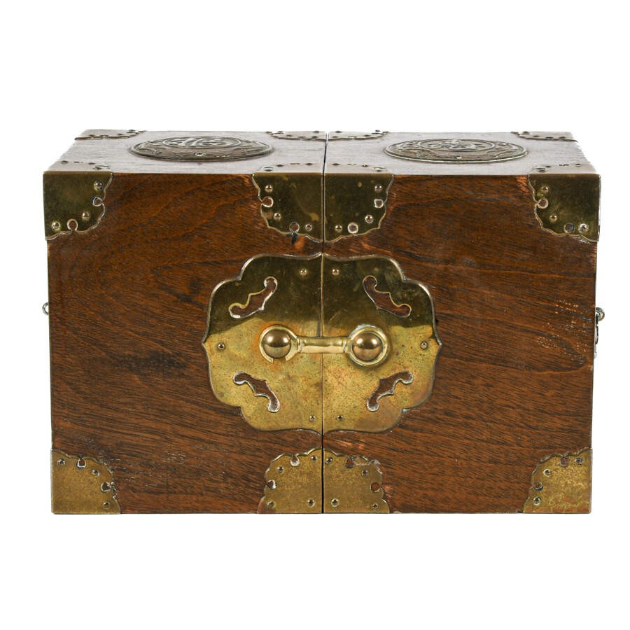Chinese Folding Hard Wood Jewelry Box with Brass Mounts