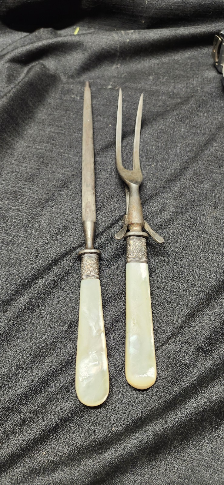 Landers Frary Clark Sterling Mother Of Pearl Handle Carving Fork/sharpener Set