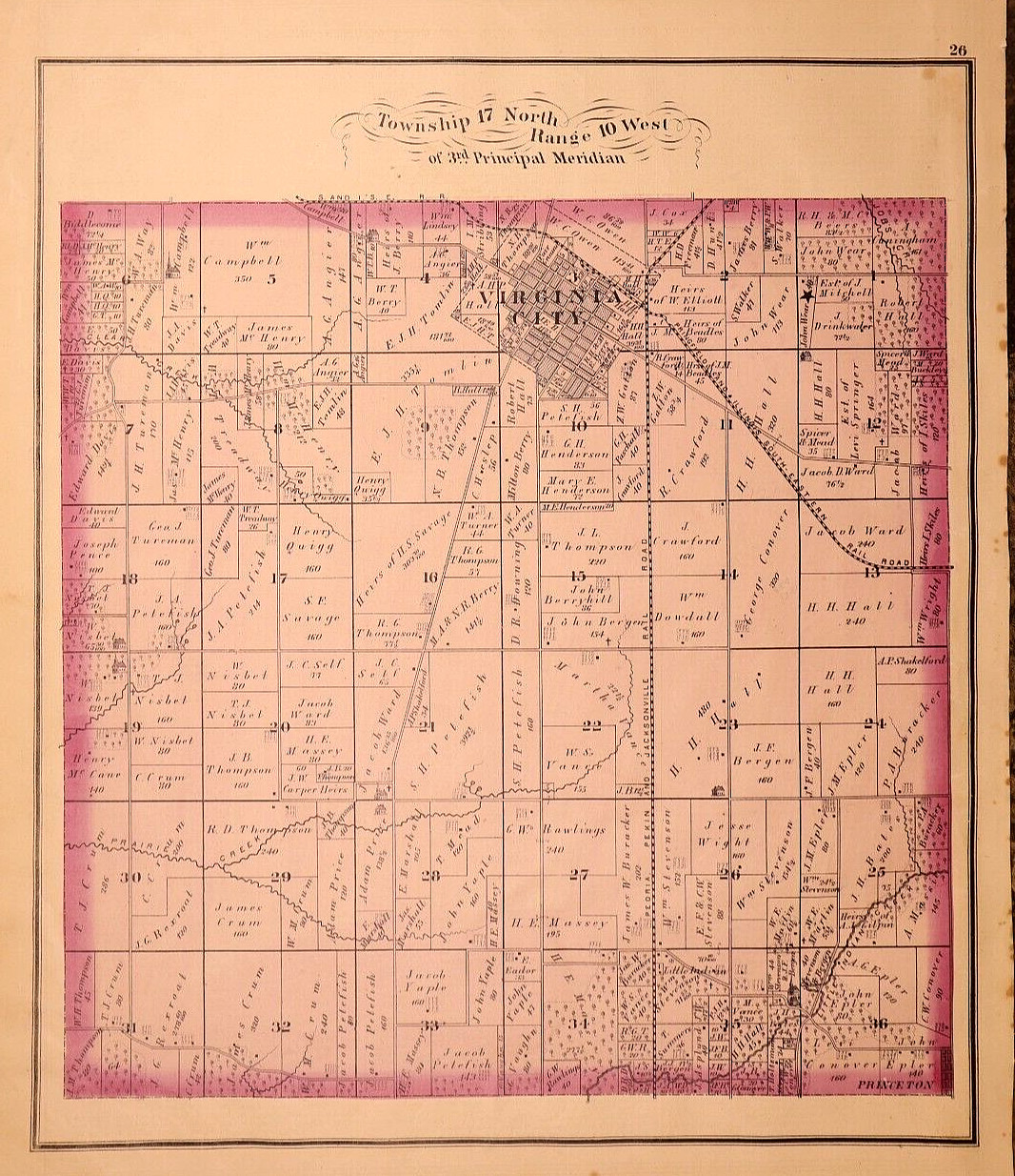 1874 Plat Map ~ Twp. 17 N – Range 10 W, / VIRGINIA CITY, CASS Co., IL (14×17)#08