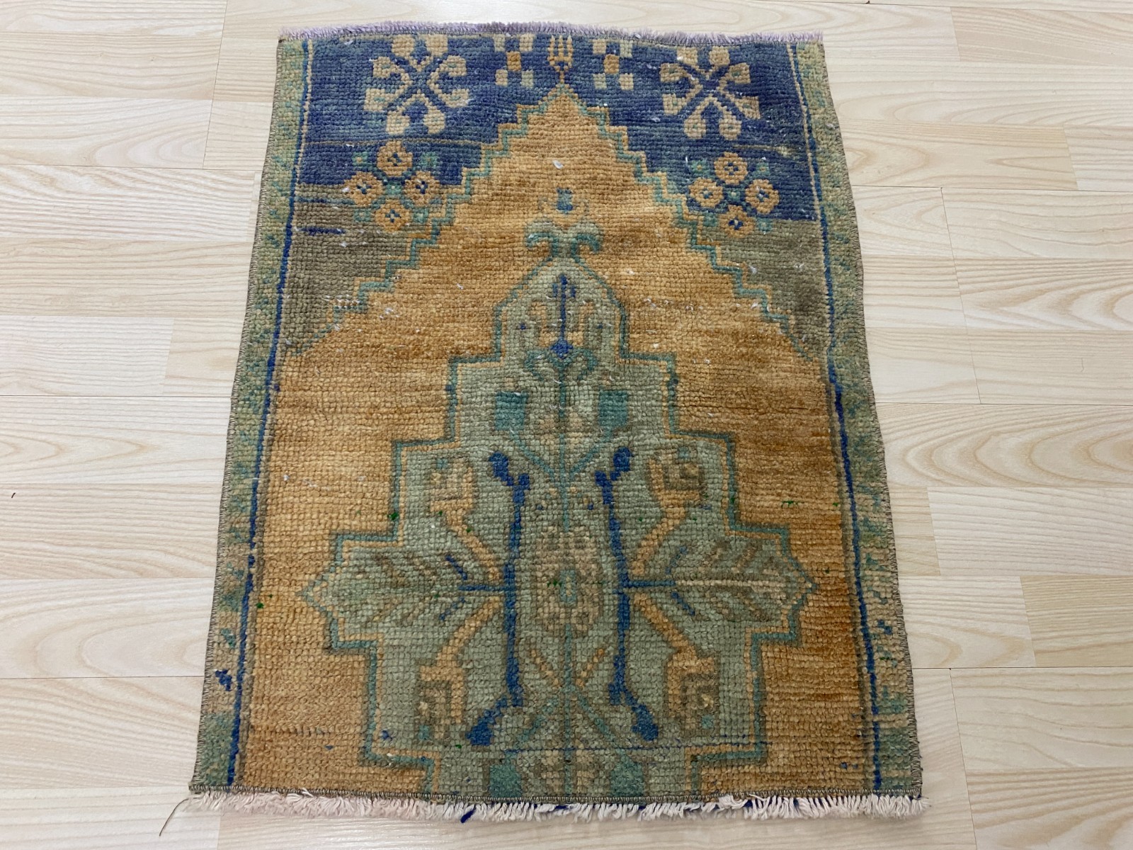 Antique Turkish Rug 1.5×2.0 ft Vintage Mustard Blue Small Prayer Mat Wool Boho