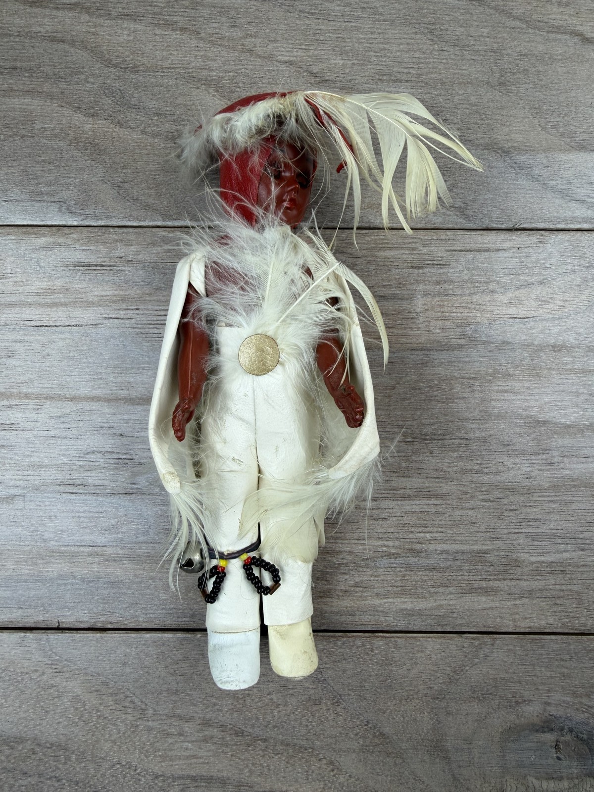 Vintage Native American Ethnographic Doll Leather Feather Headdress Beaded