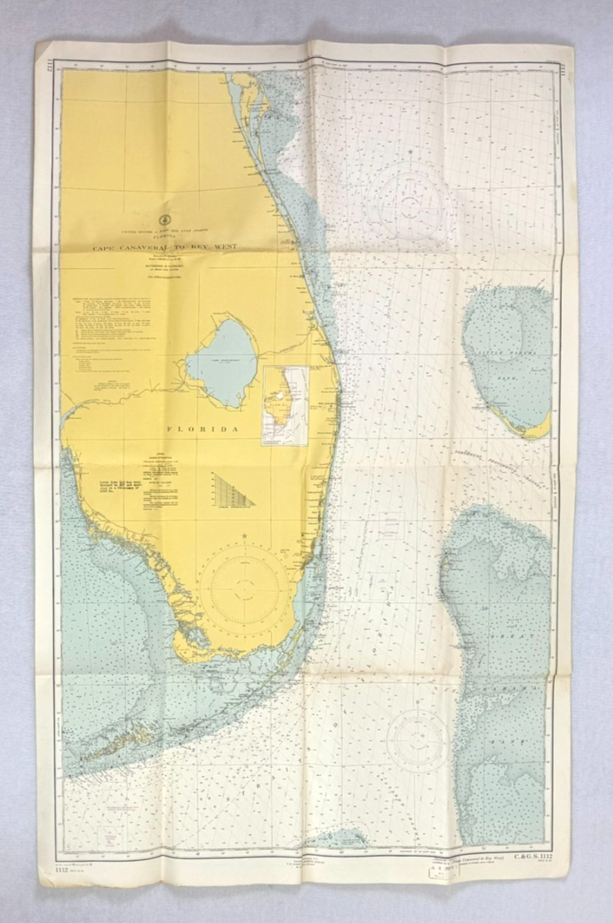 C&GS Nautical Chart 1112 Cape Canaveral to Key West Florida 1950s Vintage