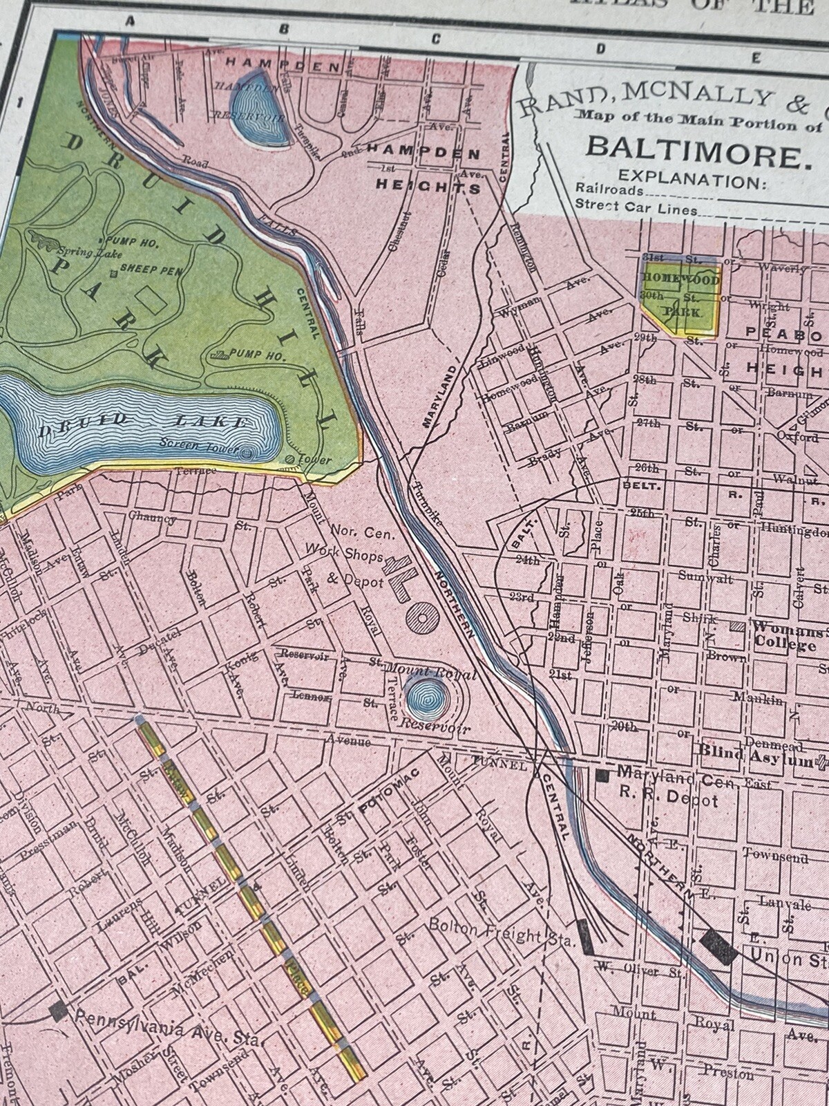 1895 Map BALTIMORE, John Hopkins Univ., Penitentiary, MARYLAND & DE on Reverse
